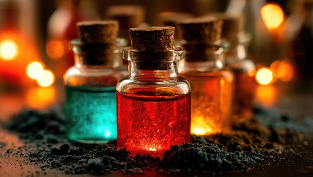 Small glass bottles with colorful liquids and corks, emitting a warm glow