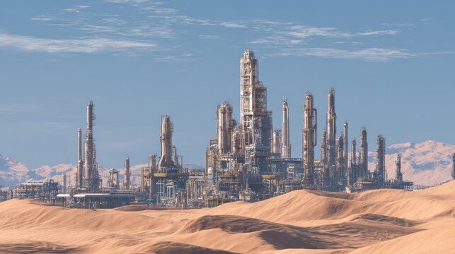 Industrial complex with towers and pipelines rises from desert landscape
