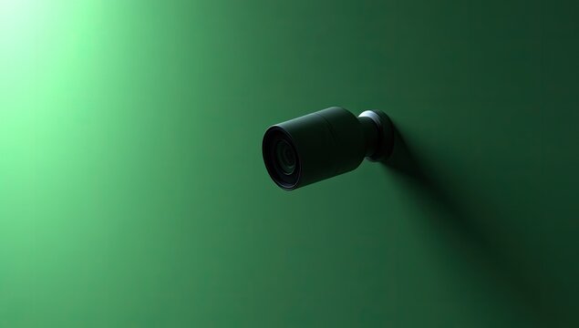 Dark security camera mounted on a vibrant green wall, casting a deep shadow