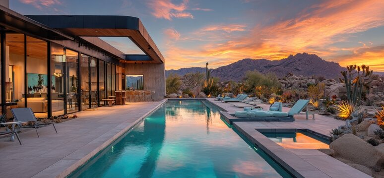 Modern desert home with infinity pool at sunset