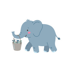 Naklejka premium Cute Cartoon Elephant Walking and Holding Metal Bucket Full of Fish Using Its Trunk Vector Illustration