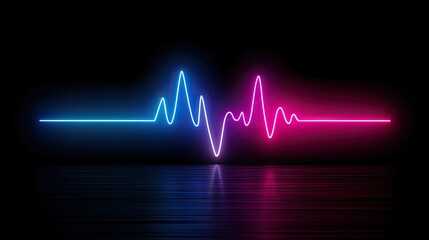 Vibrant neon pulse graphic in blue and pink on a reflective dark surface