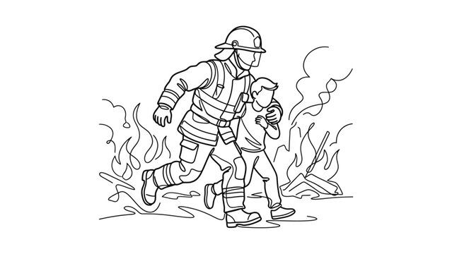 Firefighter rescuing a boy from a burning fire. Continuous line drawing. Continuous line art style. Hand drawn. One line. Vector design. illustration