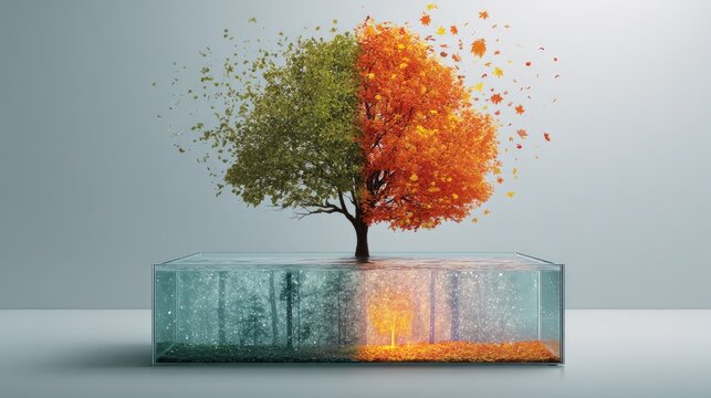 Tree in a glass box transitions through seasons, melting snow to falling leaves