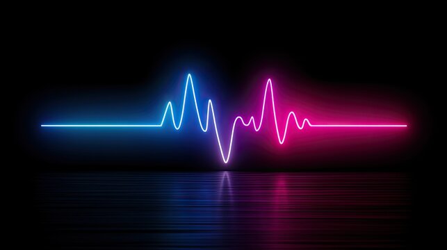 Vibrant neon pulse graphic in blue and pink on a reflective dark surface