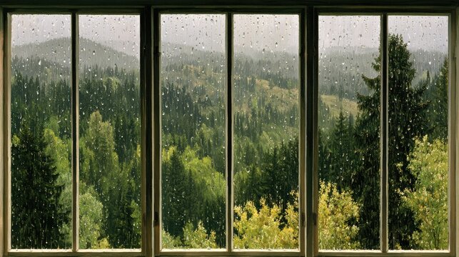 View of a rainy forest landscape through a multi-paned window