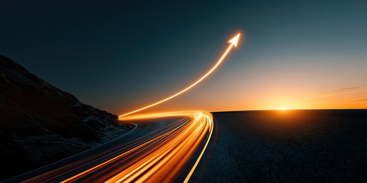 Energetic ascent on winding road against sunset, light streaks create arrow