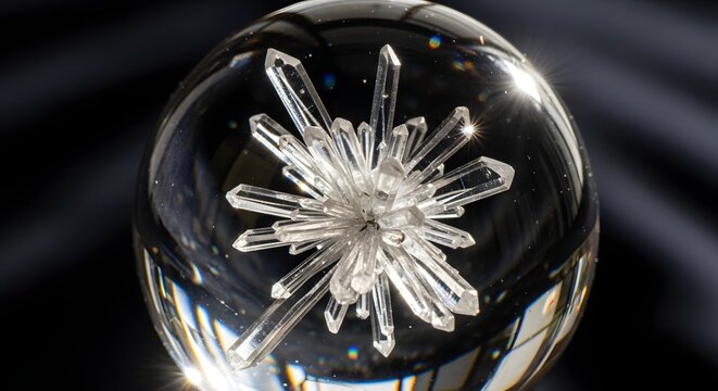 Quartz crystal formation glows intensely inside a perfectly spherical glass orb reflecting light in a dark space.