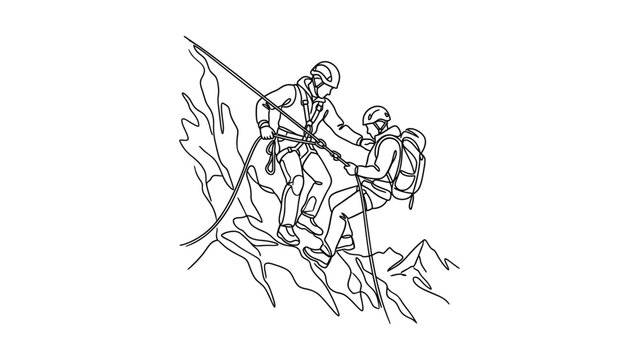 Two mountain climbers rappelling down a rocky cliff. Continuous line drawing. Continuous line art style. Hand drawn. One line. Vector design. illustration
