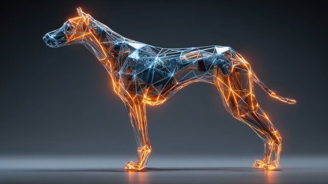 A wireframe dog sculpture glows with internal blue and orange digital energy