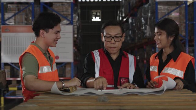 Smiling colleagues meticulously examine large architectural plan within dimly lit warehouse filled with storage shelving and boxes while wearing high-visibility vests and safety glasses.