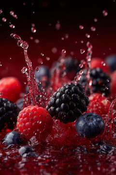 Close up vibrant and dynamic shot of various berries splashing in water, capturing fresh blackberry, raspberry, and blueberry with lively droplets