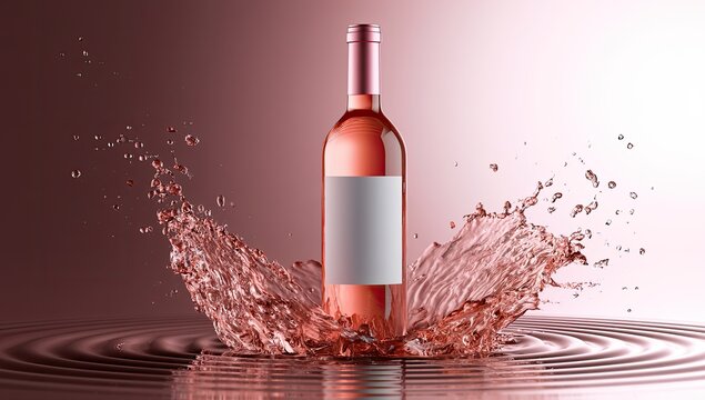 Pink wine bottle erupts from liquid splash, reflecting on rippled surface