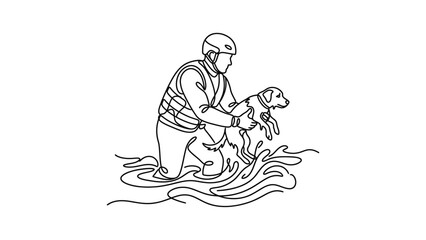 Obraz premium Rescuer carrying a dog in flood water. Continuous line drawing. Continuous line art style. Hand drawn. One line. Vector design. illustration