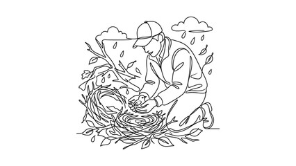 Obraz premium Man rescuing a small bird in the rain. Continuous line drawing. Continuous line art style. Hand drawn. One line. Vector design. illustration 