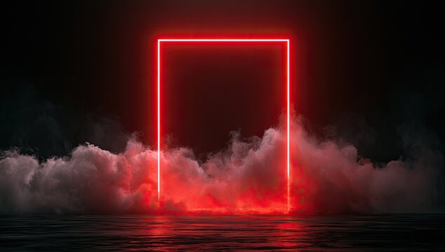 A glowing red square frame illuminated by light, with mist swirling around its base