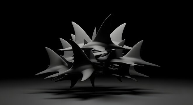 Shark fins cluster together to form a complex geometric structure on a dark grey surface.