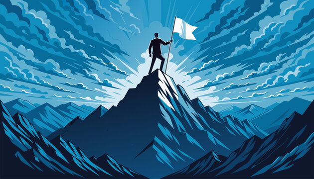 Businessman standing on mountain peak holding a flag symbolizing success and leadership.eps