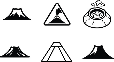 Black and white illustrations of volcanoes and pyramids on white background © saidur