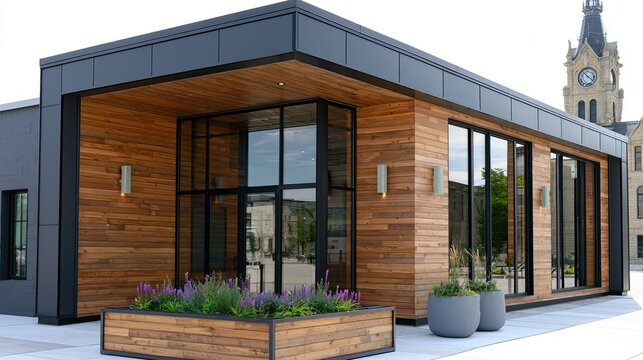 Modern wood-clad building with glass facade and planter boxes