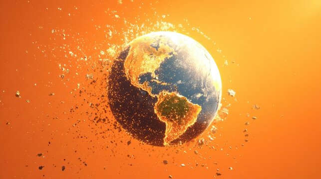 A planet exploding and fragmenting in a vibrant, fiery orange and yellow light