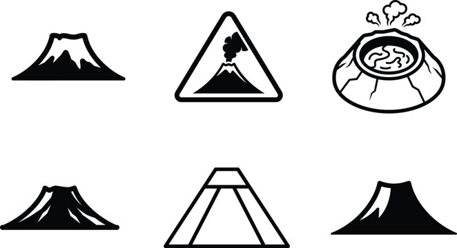 Black and white illustrations of volcanoes and pyramids on white background