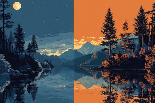 Pixel art split landscape, night and day, serene lake reflecting trees and mountains