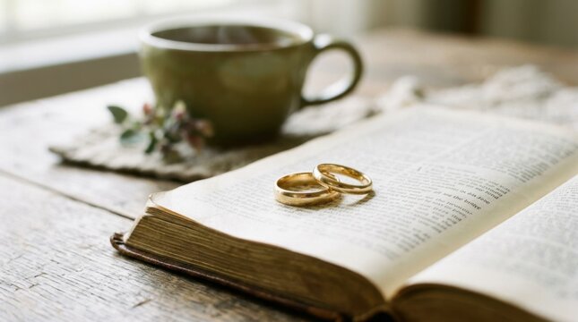 Closeup of wedding rings on a delicate Bible page cozy soft light highlighting the gold bands with a softly out of focus herbal tea cup nearby in a serene devotional setup