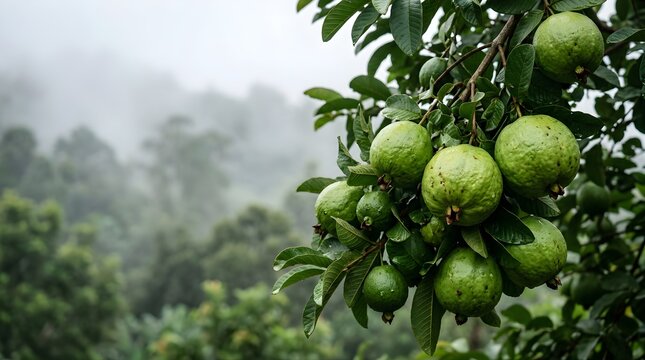 Fresh green guavas hanging on a tree branch in a misty tropical orchard