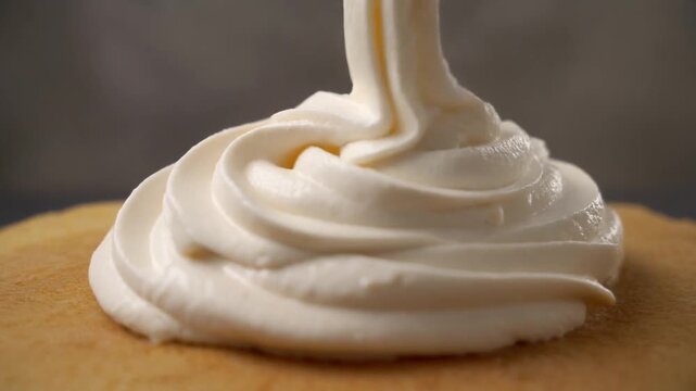 Close Up Of Cream Being Piped Onto Cake Layer Slowly