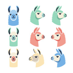 Fototapeta premium Collection of Minimalist Colorful Lama Head Icons