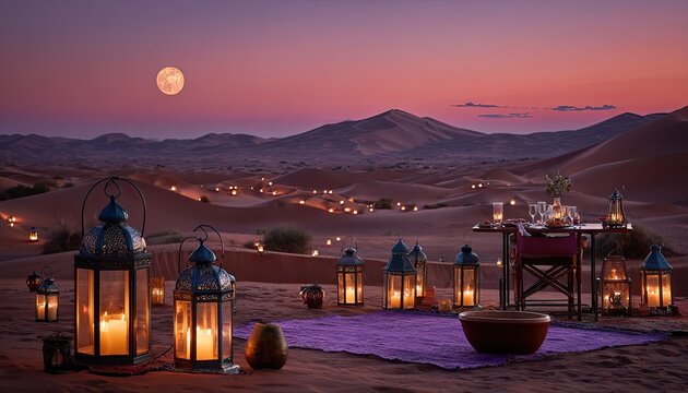 Desert landscape with romantic candlelit dinner setup under a full moon
