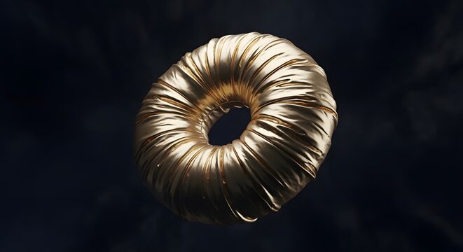 Gold torus object with a soft fabric texture floats in the center of a dark moody environment.