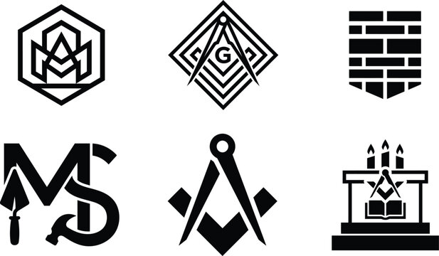black and white set of masonic and construction symbols and logos on white background