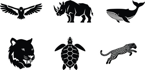 black silhouettes of various wild animals  bird rhinoceros whale jaguar turtle cheetah © saidur