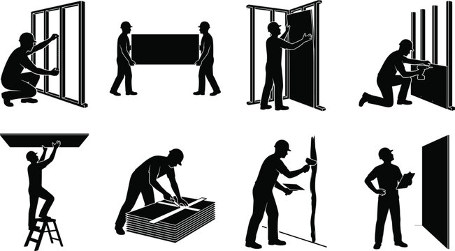 Drywall Installation Worker Silhouette Set with Wall Framing Panel Fitting and Interior Finishing