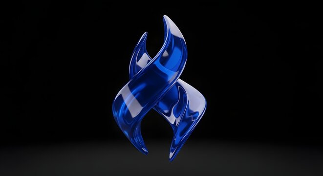 Abstract form features two intertwining blue translucent ribbons set against a deep black background.