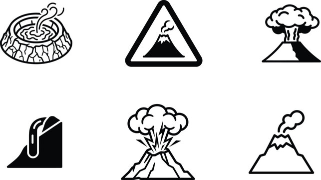 Black and white volcanic eruption icons set including lava flows and warning signs