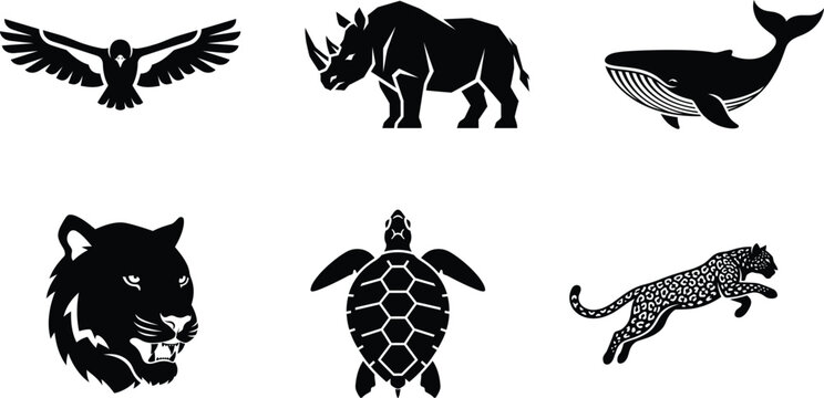 black silhouettes of various wild animals  bird rhinoceros whale jaguar turtle cheetah