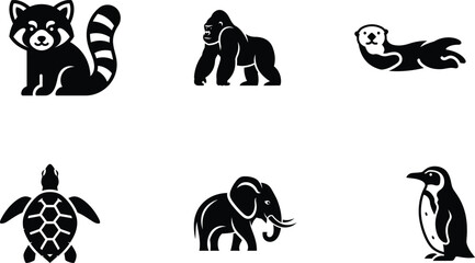 black silhouettes of various wild animals on white background © saidur