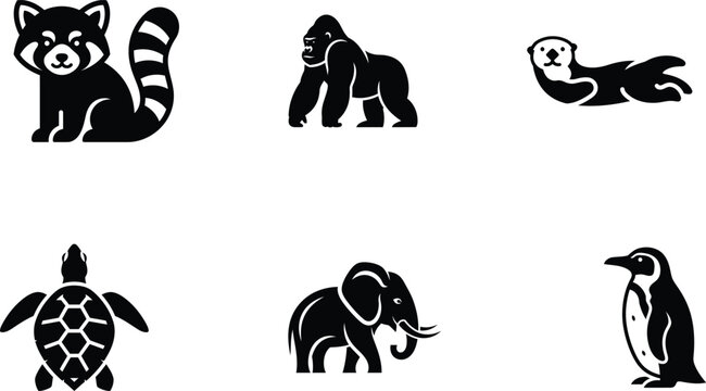 black silhouettes of various wild animals on white background