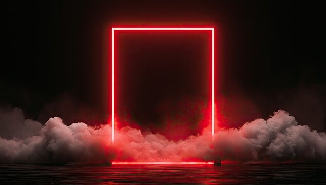 Glowing red square frame emerges from smoky clouds over reflective surface