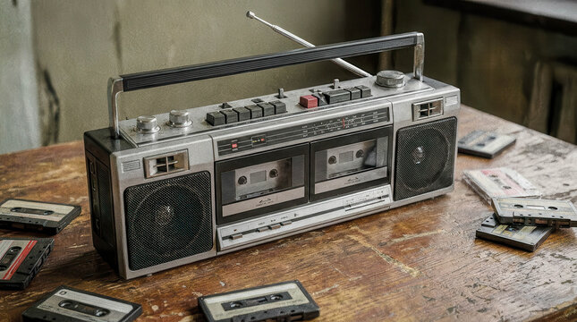 Vintage boombox rests on worn wooden table. Casings show signs of age and use. Radio antenna stands upright, slightly bent. Taped cassette reels scattered nearby