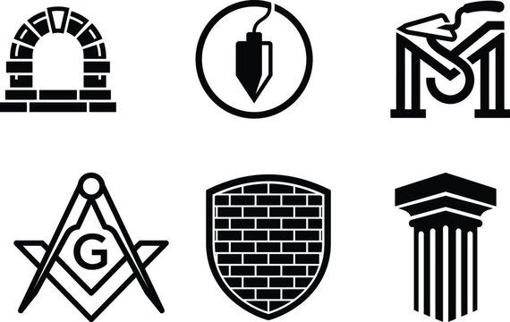 Masonry symbols and icons set including architecture elements and tools