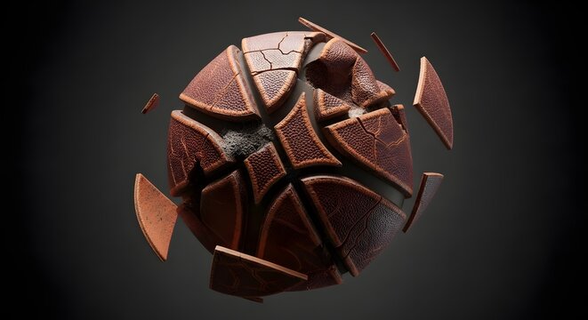 Basketball appears to be shattering into multiple textured fragments against a dark background.