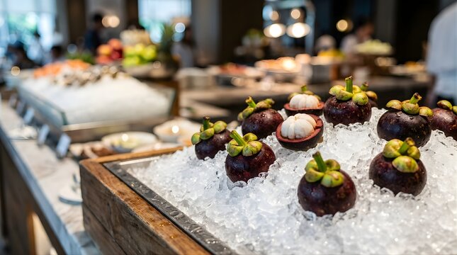 Fresh mangosteen fruits displayed on ice at a luxury hotel buffet bar