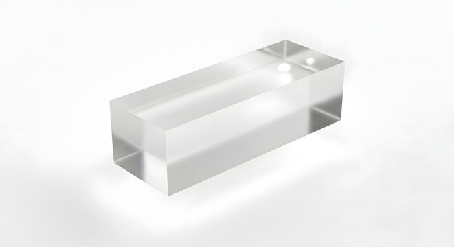 Glass block sits on a white surface as a minimalist geometric element for modern design projects.