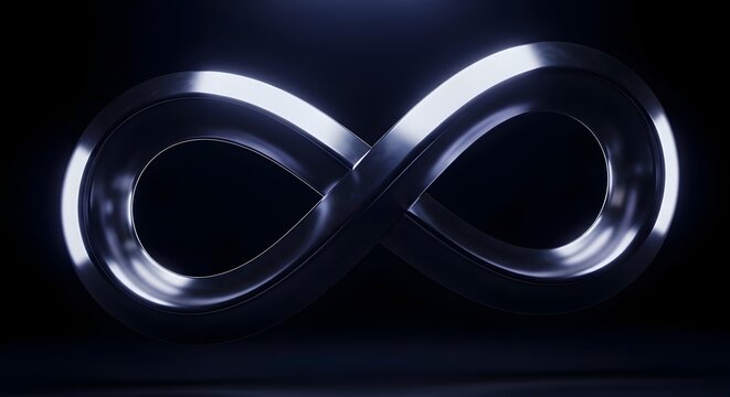 Infinity symbol crafted from brushed silver metal glows softly to represent endless possibilities.