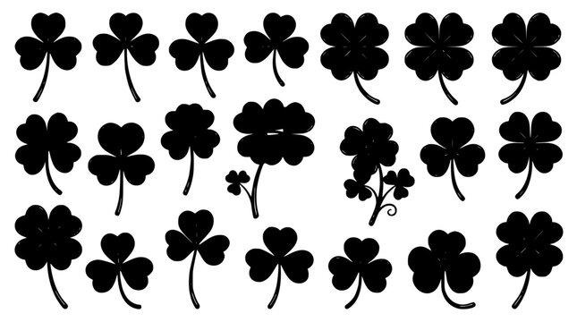 Clover Leaves Black and White Illustration Pattern Set of Stylized Shamrock Icons on White Background