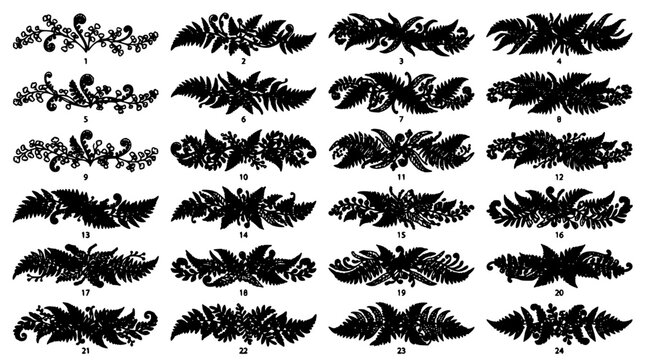 Fern Borders Black and White Illustration Set with Various Intricate Designs Featuring Design, Leafy, Pattern with Nature